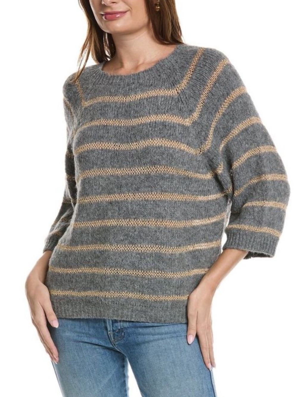 Persaman New York Metallic Stripe Fuzzy Knit Dolman Sweater Gray Gold Size S